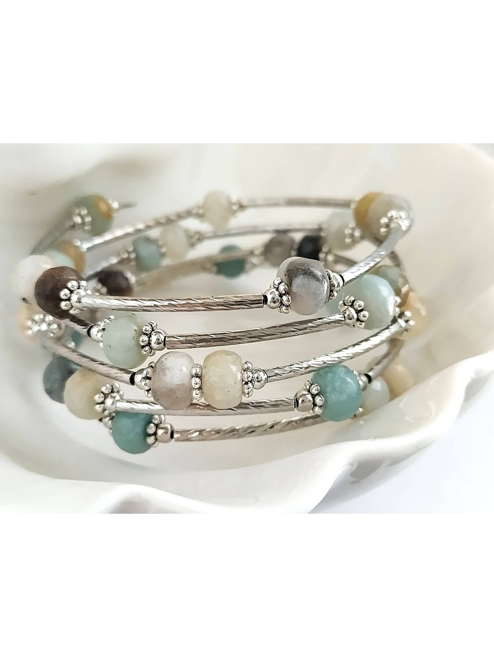 Gemstone Wrap Bracelet, Amazonite Stone Bracelet 5 Loops